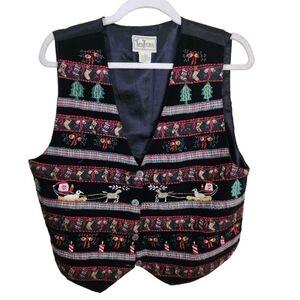 Amazing Vintage Crushed Velvet Santa On A Duck Sleigh Unique Vest Size L